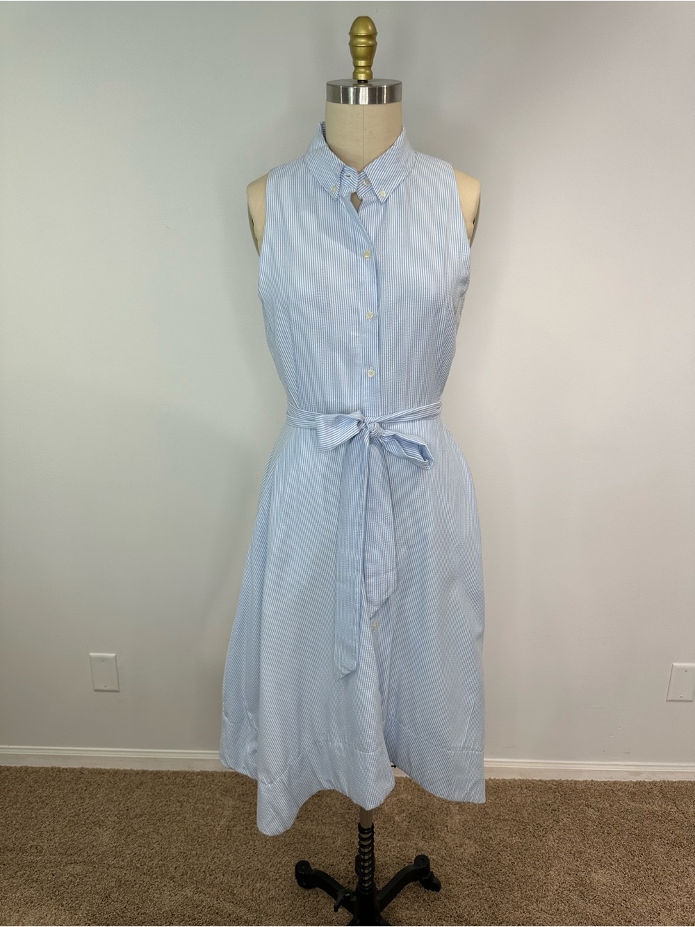 Tahari Sleeveless Light Blue Tie-Waist Shirt Dress